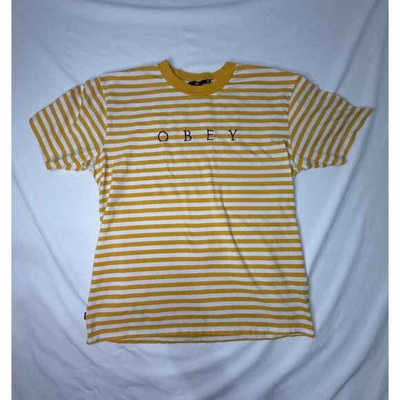 OBEY Men’s Striped Logo TEE Shirt Yellow White Short Sleeve - Picture 1 of 9